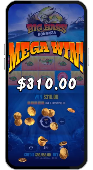 Mega win celebration screen with coin animation