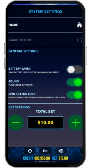 System settings menu with sound and bet controls